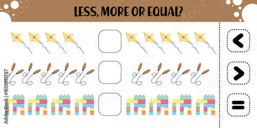 Less, More or Equal Worksheet – Kite, Rope, and Blocks Counting Activity