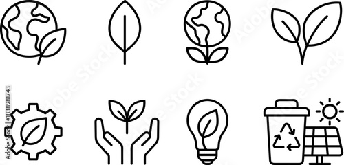 Eco love and planet protection icons. Earth, heart, leaf, sustainability outline set