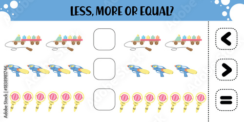 Preschool Counting Worksheet with Compare Trucks, Guns and  Rattles