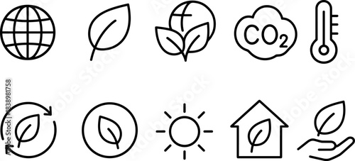 Eco love and planet protection icons. Earth, heart, leaf, sustainability outline set
