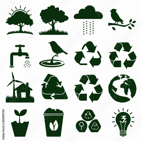 Eco-conscious Icons: A compilation of vibrant icons, perfect for conveying messages of sustainability, environmental stewardship, and green living.