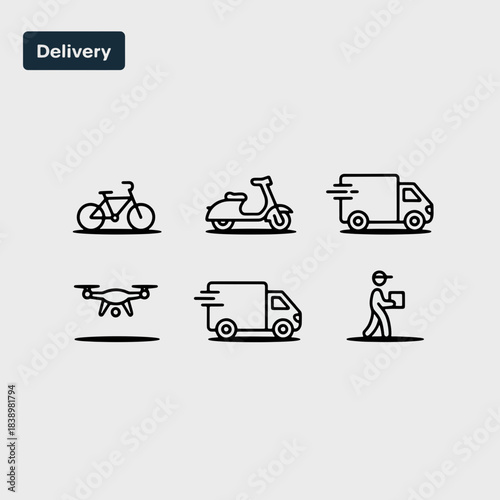 Delivery Options: A set of essential delivery icons illustrating various transportation methods, including bicycle, scooter, truck, drone, and a courier delivering a package.
