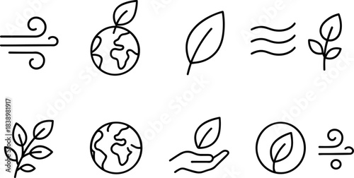 Eco love and planet protection icons. Earth, heart, leaf, sustainability outline set