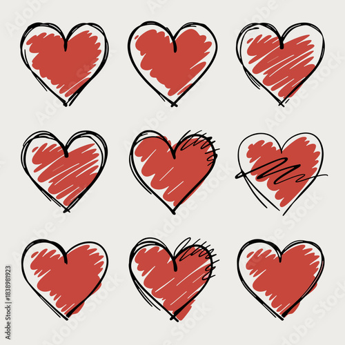 Hand-drawn Hearts: Nine hand-drawn hearts with red filling and unique black outlines, creating a charming and artistic pattern, perfect for expressing love and affection. 
