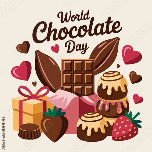 Sweet Indulgence: Celebrate World Chocolate Day! A delightful array of chocolate treats, from decadent truffles and hearts to cacao pods.