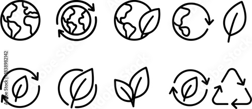 Eco love and planet protection icons. Earth, heart, leaf, sustainability outline set