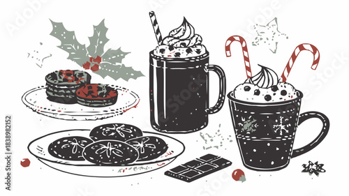 Cozy winter indulgence featuring rich hot chocolate mugs, festive cookies, and holiday sweets perfect for Christmas marketing