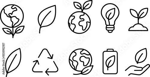 Eco love and planet protection icons. Earth, heart, leaf, sustainability outline set