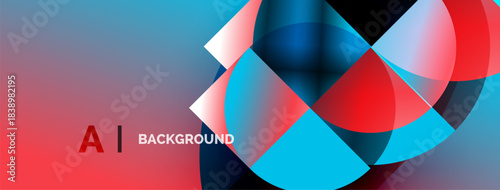 Abstract geometric shapes overlap, creating vibrant red, blue gradients. Text reads AI BACKGROUND in bottom left corner. Modern design.