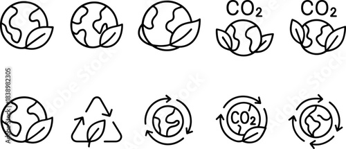 Eco love and planet protection icons. Earth, heart, leaf, sustainability outline set