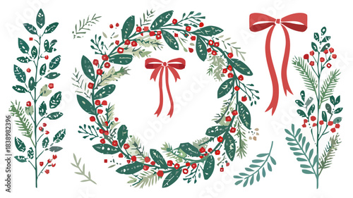 Stunning watercolor style Christmas wreath elements with festive red bows perfect for holiday design projects