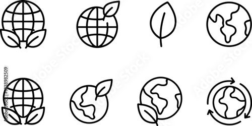 Eco love and planet protection icons. Earth, heart, leaf, sustainability outline set