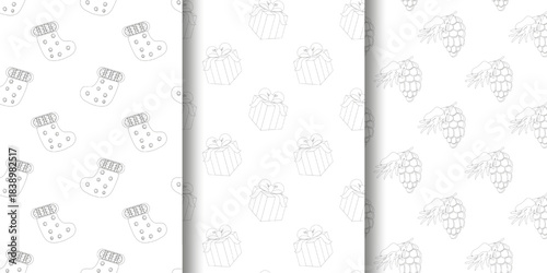 Three seamless patterns Christmas stockings with floral details, gift boxes with bows, and grape clusters in line art. Vertical layout for wrapping paper, textiles, and seasonal crafts