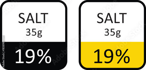 Nutrition facts label for salt showing 35g and 19 daily value infographic element for health and diet