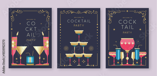 Set of holiday cocktail party posters with cocktail and champagne glasses. Restaurant menu design. Frame design. Vector illustration