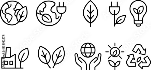 Eco love and planet protection icons. Earth, heart, leaf, sustainability outline set