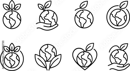 Eco love and planet protection icons. Earth, heart, leaf, sustainability outline set