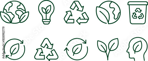 Eco love and planet protection icons. Earth, heart, leaf, sustainability outline set