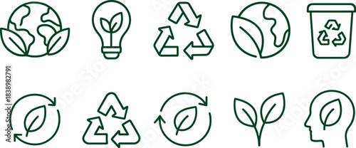 Eco love and planet protection icons. Earth, heart, leaf, sustainability outline set