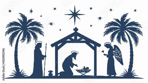 Serene Nativity scene silhouette with star, angel, and palm trees, celebrating the birth of Jesus in a peaceful stable setting.