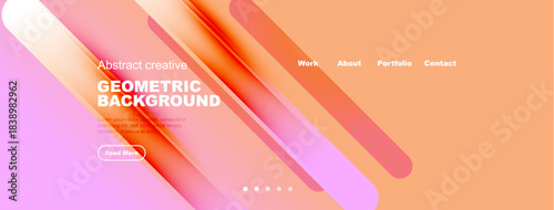 Abstract geometric design. Vibrant orange, pink hues dominate. Text elements present, navigation visible. Modern aesthetic.