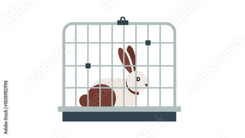 A brown and white rabbit inside a light gray wire cage against a white background