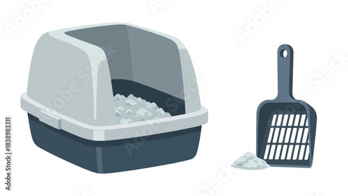 A lidded gray and dark blue litter box with scoop and clumped litter