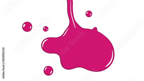 A magenta liquid spill with droplets falling onto a white background