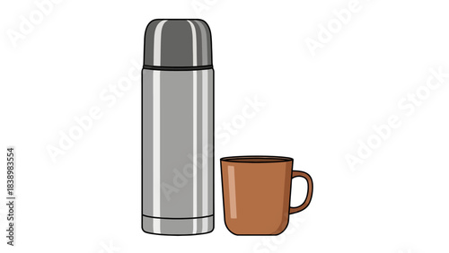 A silver thermos next to a brown ceramic mug against a white background