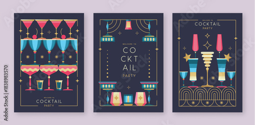 Set of holiday cocktail party posters with cocktail and champagne glasses. Restaurant menu design. Frame design. Vector illustration