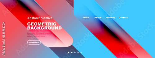 Abstract geometric background design. Vibrant colors, diagonal shapes, text elements present. Modern aesthetic, website header style.