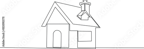 Continuous line art drawing of a cozy home with chimney and gabled roof Vector
