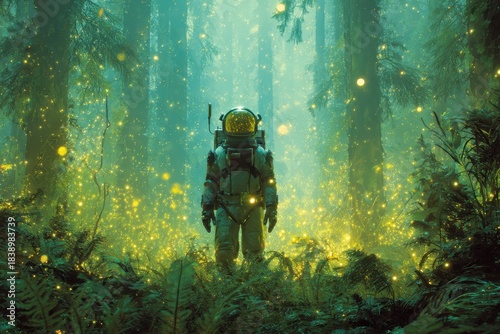 astronaut in dreamlike forest, glowing atmosphere
