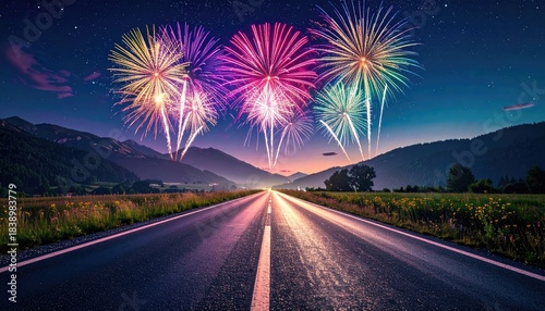 Road leading towards mountains under a vibrant night sky with bursting fireworks