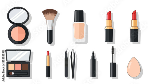 Assortment of cosmetic products and application tools on a white background