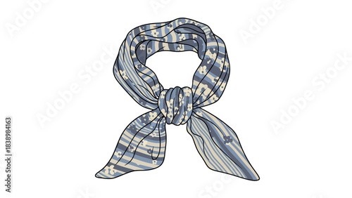 Blue and beige patterned neck scarf tied in a knot
