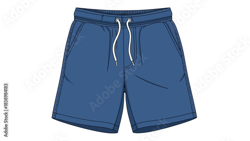 Blue athletic shorts illustration with white drawstring detail on elastic waistband