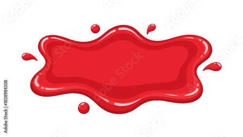Bright red glossy liquid splash shape with droplets against white background