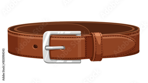 Brown leather belt with silver buckle isolated on white background