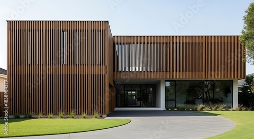 Modern luxury home with a vertical wood slat facade and large windows.