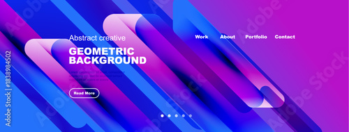 Modern website header design. Vibrant blue, purple gradients dominate. Text promotes geometric backgrounds, includes navigation options.