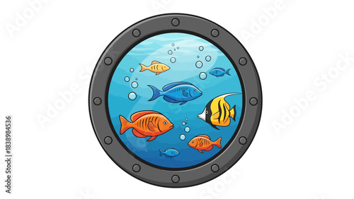 Cartoon fish swimming in a circular submarine porthole view