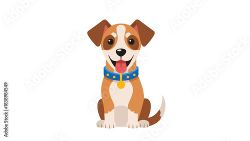 Cartoon illustration of a happy brown and white dog wearing a blue collar