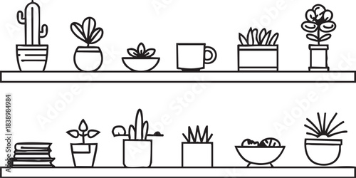 Vector illustration: shelf with plants, succulents, books and mug - line art eps silhouette