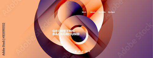 Abstract geometric design. Orange, purple hues blend. Website navigation visible work, about, portfolio, contact. Modern aesthetic.