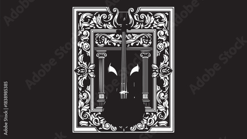 Intricate monochrome ornamental frame design featuring damask motifs and elaborate borders.