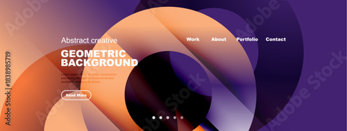 Abstract website header design. Vibrant colors, geometric shapes, text overlay, navigation menu present. Modern, clean aesthetic.
