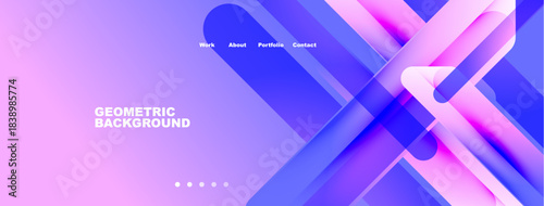 Abstract geometric background design. Website header with navigation menu, text elements, dots indicate sections. Modern, vibrant colors present.
