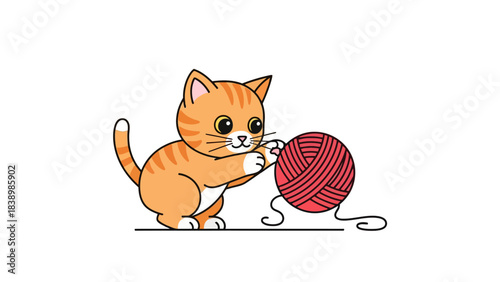 Cartoon orange tabby kitten plays with a bright pink ball of yarn