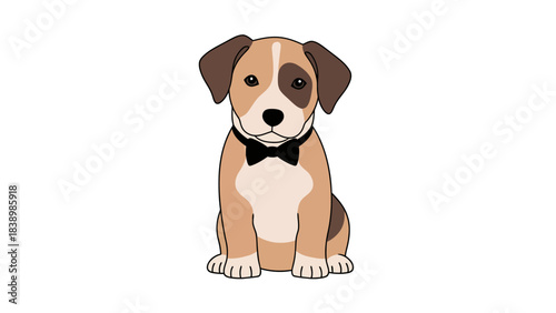 Cartoon puppy sitting wearing a black bowtie on white background